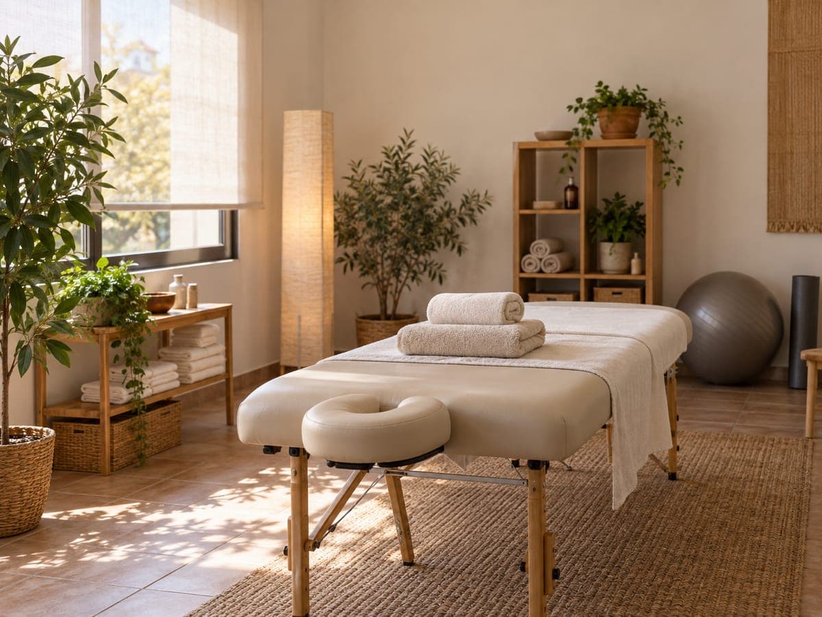 A physiotherapy clinic room with a treatment table, folded towels and window light.