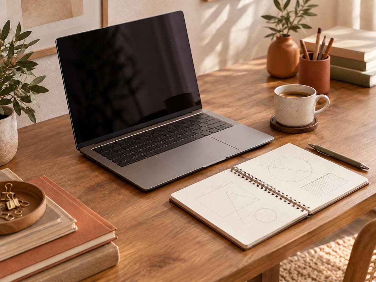 A work desk with a laptop, a notebook with diagrams and a cup of coffee.