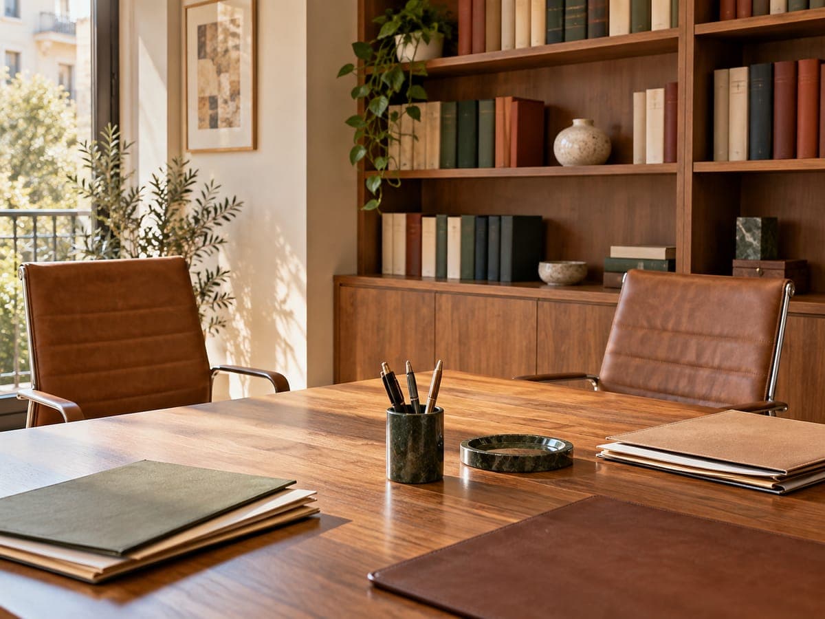 A meeting table in a professional office with folders, a bookcase in the background and two chairs.