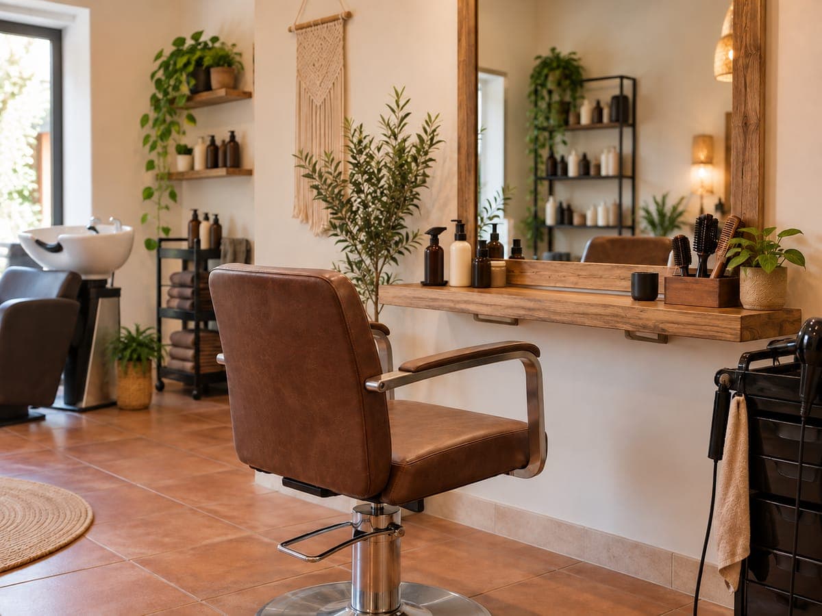 Inside a small hair salon: chair, mirror and tools neatly arranged on the shelf.