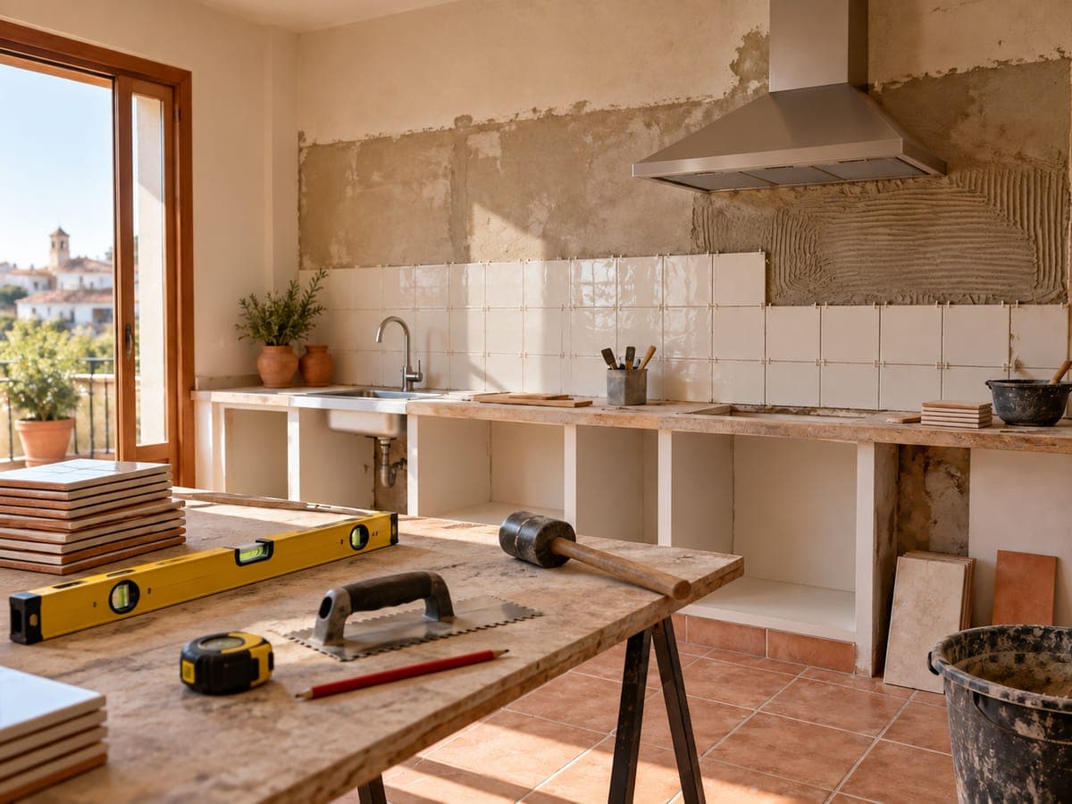 A half-renovated kitchen with tools, a spirit level and stacked tiles.