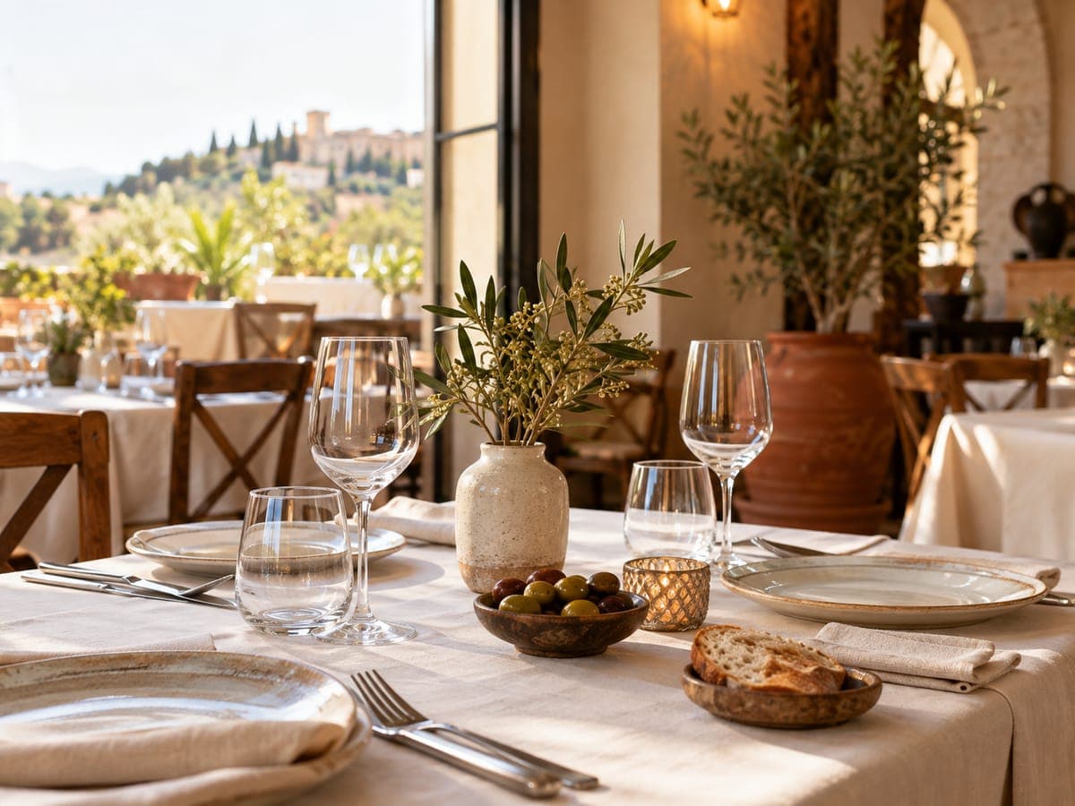 A set table in a restaurant with a light tablecloth, plates and glasses, in natural light.