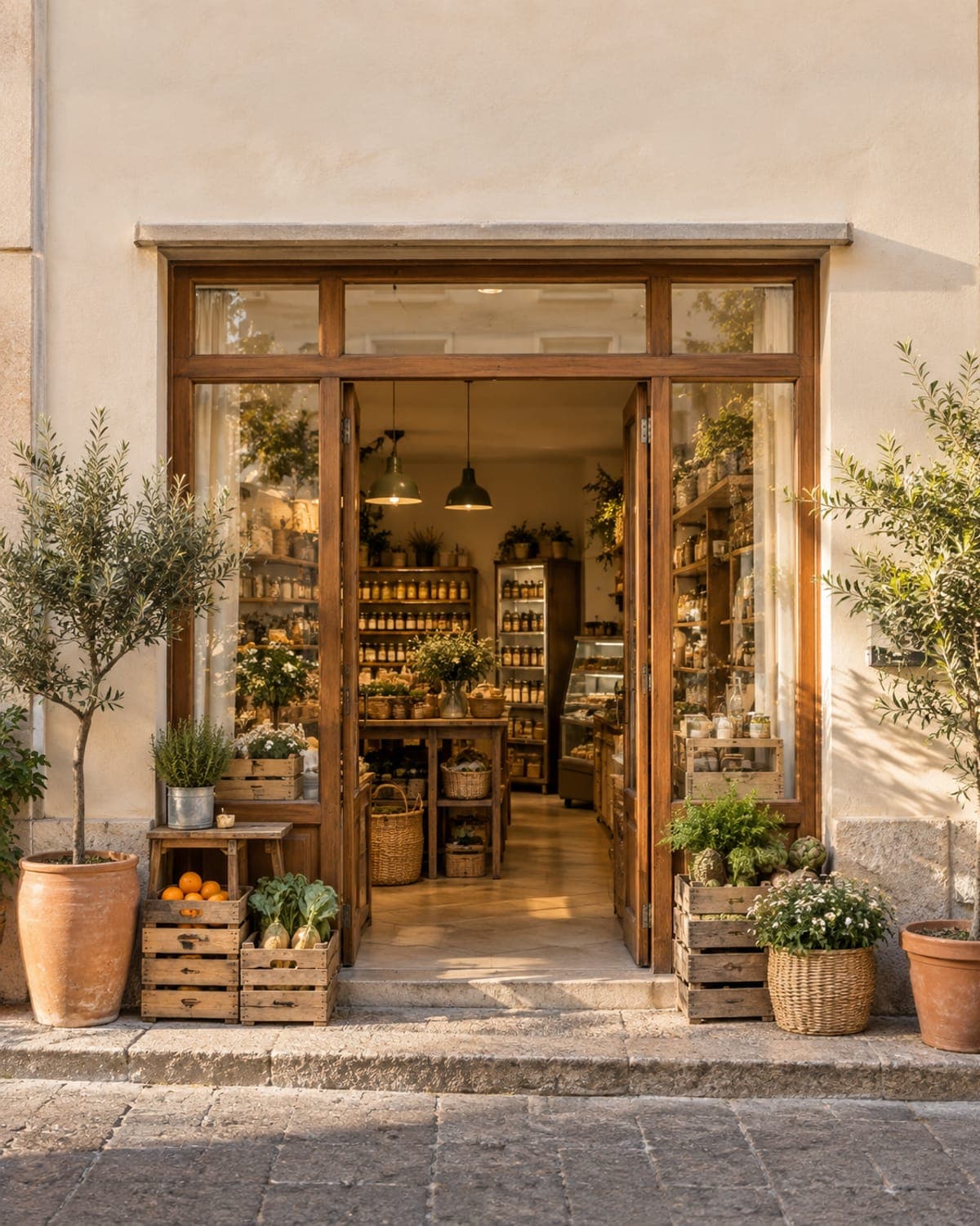 Front of a small neighbourhood shop with a striped awning and the door open, early in the morning.